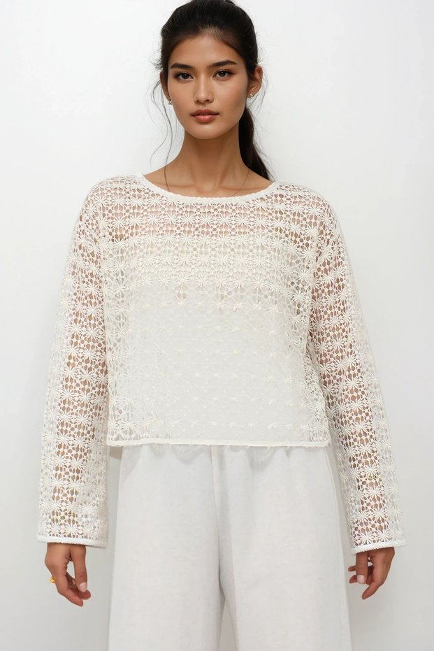 Women's Ecru Boat Neck Guipure Blouse Alc-X14192
