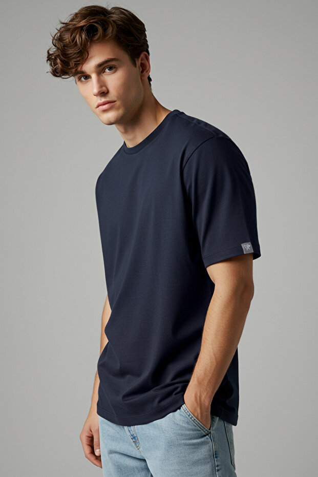 Lacivert Oversize/Geniş Kesim Yaka Detaylı Etiketli %100 Pamuklu Tok Kumaş T-shirt TMNSS25TS00057 - 2