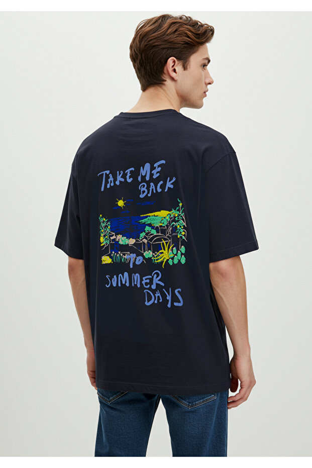 Lacivert 0versize/Geniş Kesim Yazı Baskılı %100 Pamuk T-Shirt TMNSS25TS00064 - 3