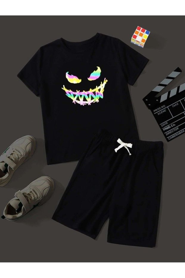 Kids' Colorful Printed Unisex T-shirt and Shorts Set - Children's Top Bottom Set