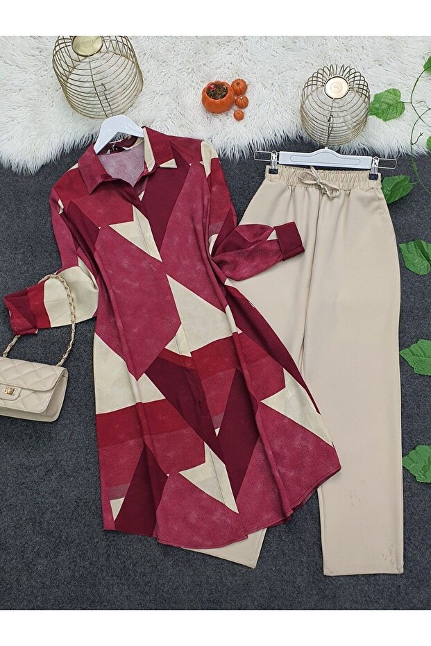 Buttoned Patterned Viscose Tunic - Cherry - 1