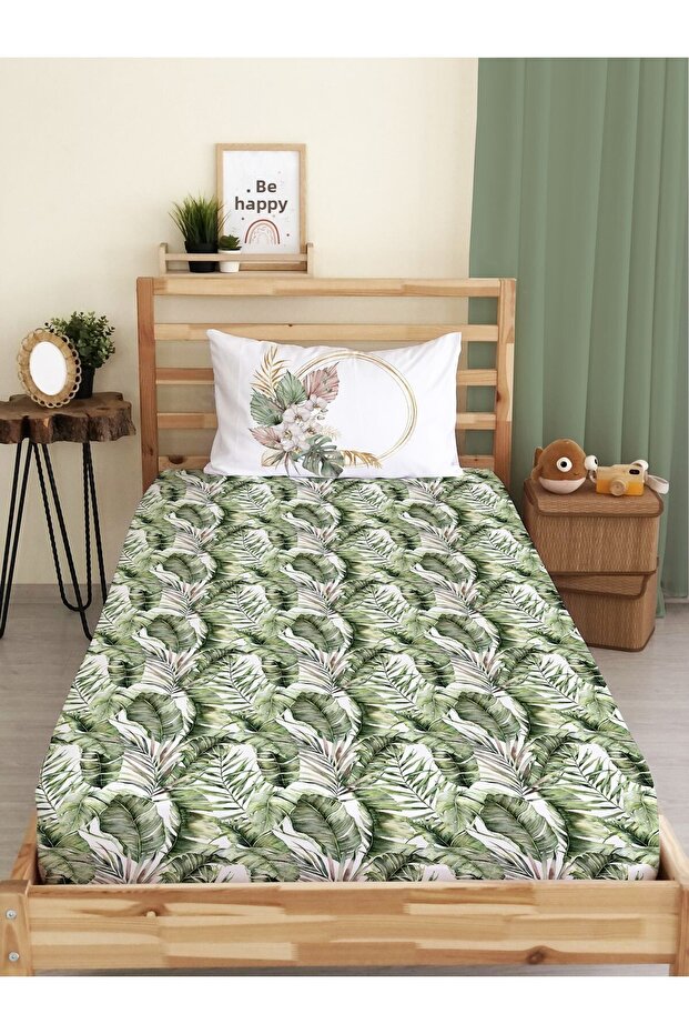 Leaf Patterned Printed Single Elastic Sheet Set - 1