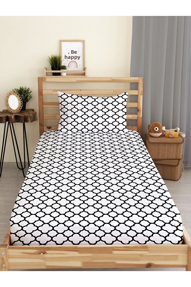 White Single Modern Patterned Elastic Sheet Set - 1