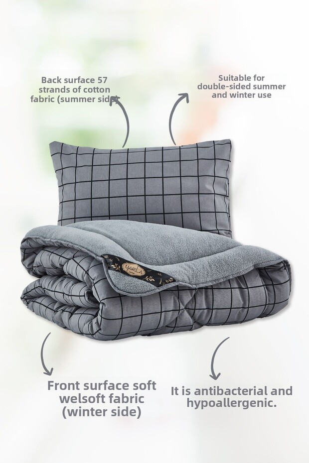 Welsoft Line Patterned Fluffy Single Double Sided Quilt Set - 3