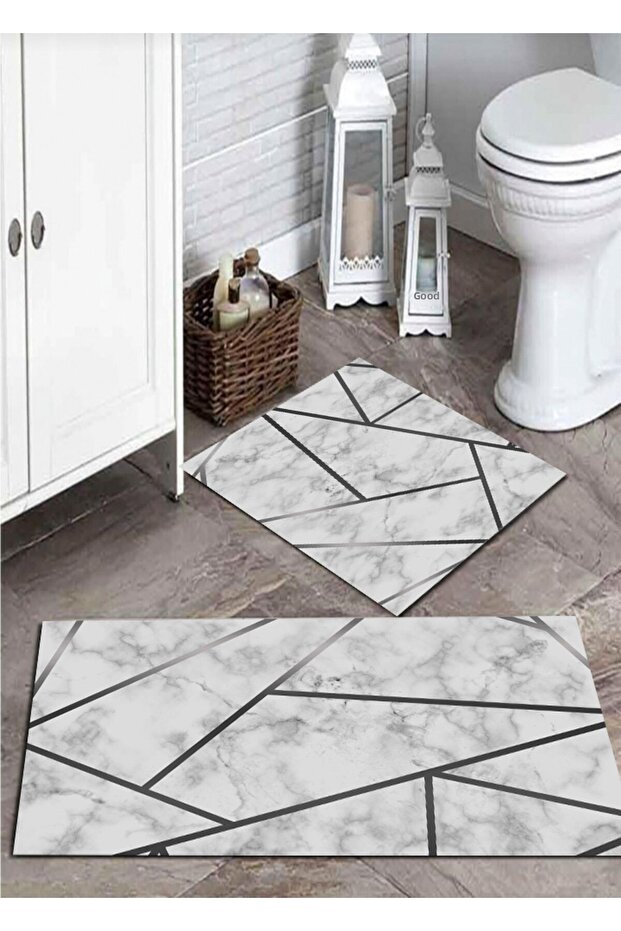 Marble, Non-Slip, Spill-Resistant Cotton Woven Base, 2-Piece Bathroom Set, 60x100 - 40x60