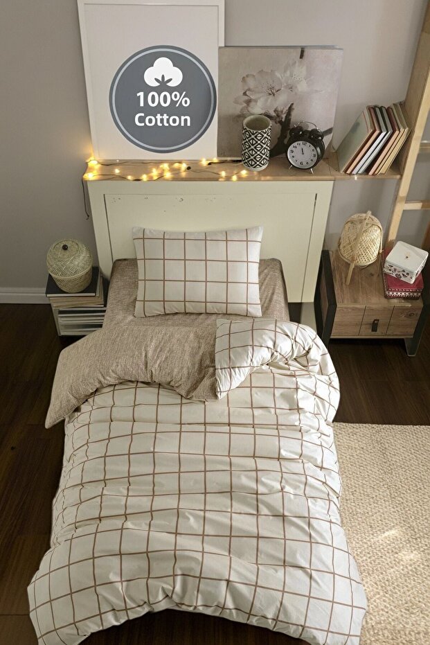Single Double-Sided Cream Checkered Beige Duvet Cover Set 120X200 Elastic Sheet 155X230 Duvet Cover