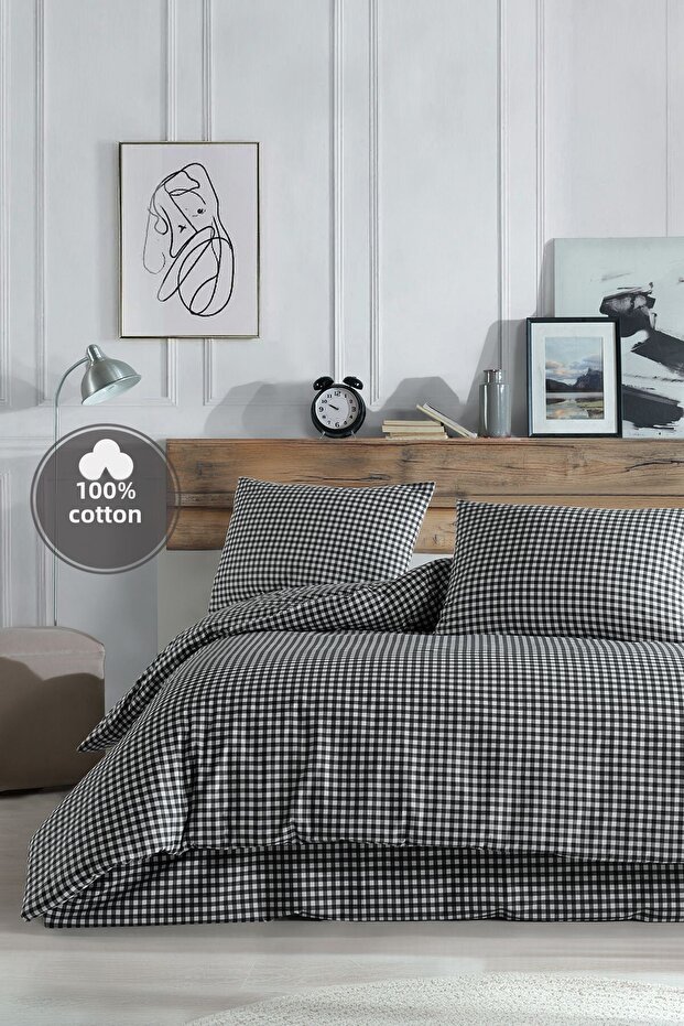 Mini Square Black 100% Cotton King Size Duvet Cover Set