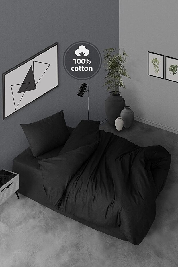 Ranforce Single Duvet Cover Set with Elastic Sheets Simple Black