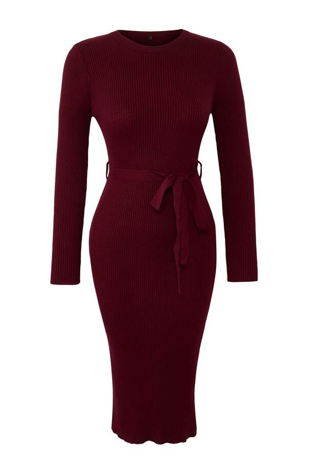 Bordo Midi Triko Kemer Detaylı Elbise TWOAW22EL0009 - 6