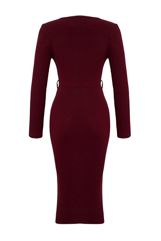 Bordo Midi Triko Kemer Detaylı Elbise TWOAW22EL0009 - 8