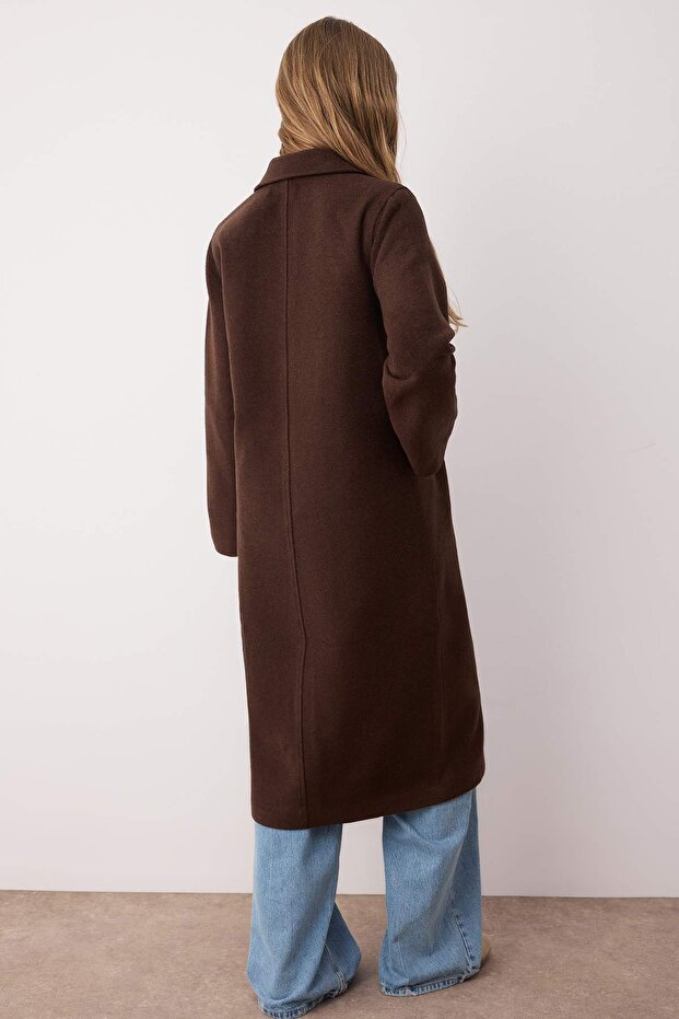 Trendyolmilla Wardrobe Essentials Kahverengi Mono Kapama Oversize Uzun Kaşe Kaban TWOAW26KB00033 - 3