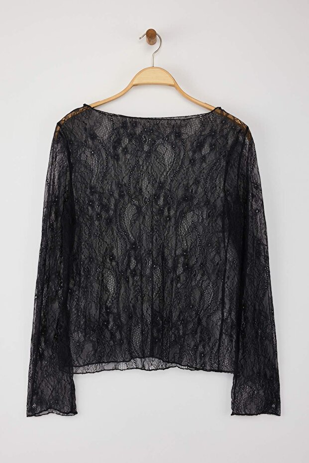 Siyah Regular Fit Kayık Yaka Dantel Örme Büyük Beden Bluz TBBAW26AF00031 - 8