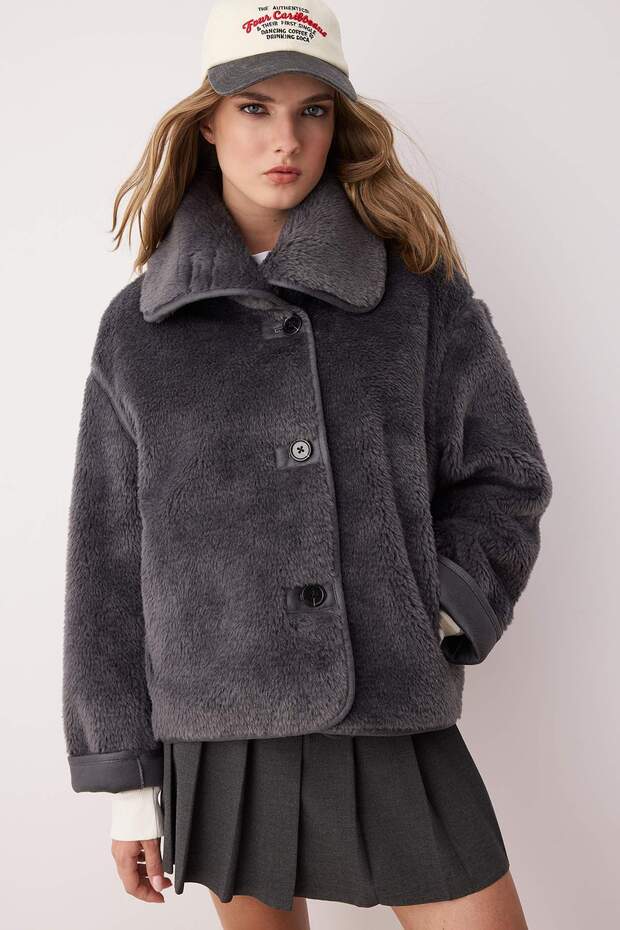 Antrasit Oversize Kalıp Peluş Mont TWOAW26MO00062 - 1