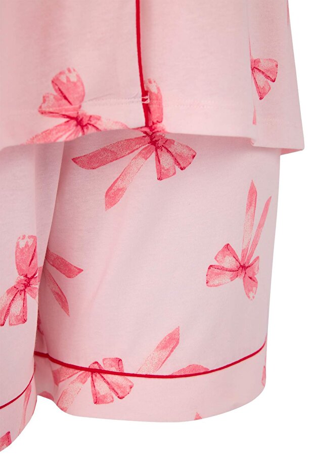 Pudra Fiyonk Desenli Biyeli Gömlek Yaka Örme Pijama Takımı TBBSS25AI00086 - 6