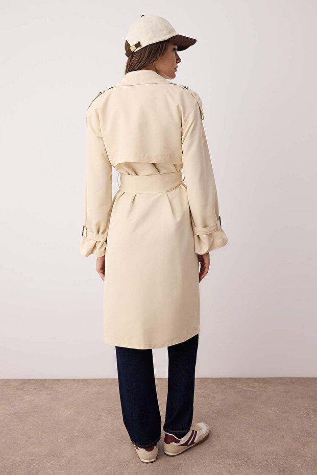 Taş Oversize Geniş Kesim Kemerli Trençkot TWOSS21TR0005 - 4