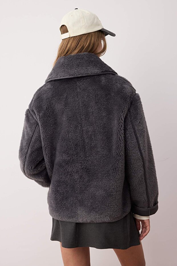 Antrasit Oversize Kalıp Peluş Mont TWOAW26MO00062 - 4