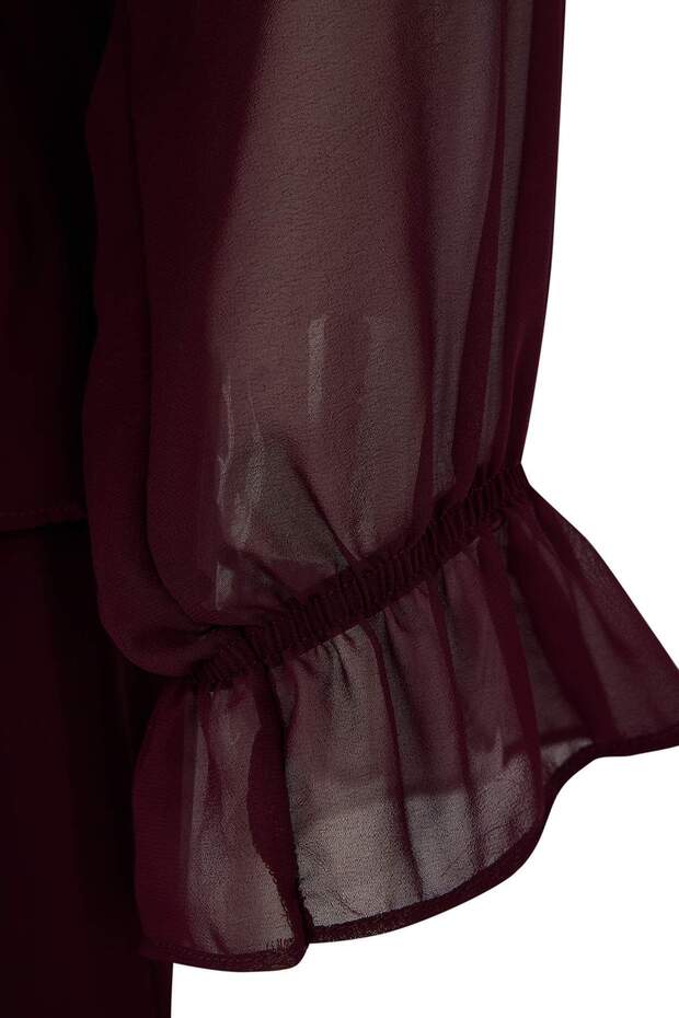 Bordó sifon gumírozott derékú, fodros mini szövésű nagy méretű ruha TBBAW26AH00003 - 8