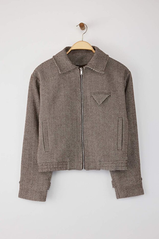 Kahverengi Balıksırtı Desenli Oversize Kalıp Bomber İnce Ceket Mont TWOAW26MO00129 - 5