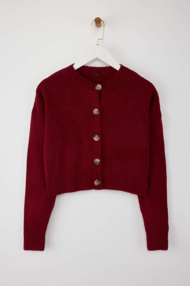 Bordo Crop Yumuşak Dokulu Düğmeli Triko Hırka TWOAW24HI00198 - 7