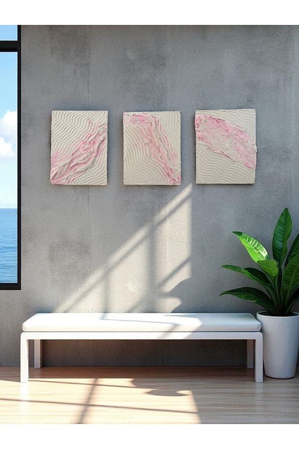 Dokulu El Yapımı Tablo 3lü Tablo Seti Modern Dokulu Tablo,pembe Dokulu Tablo - 2