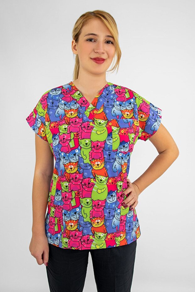Unisex Colorful Cats Pattern Surgical Doctor Nurse Single Top Scrubs Jersey