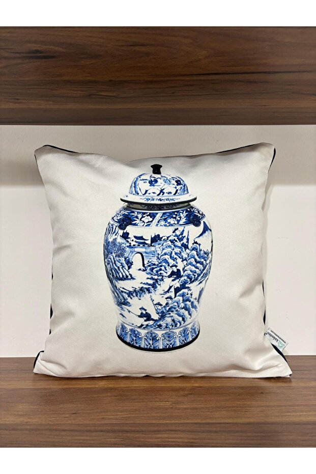 E433A White Background Double Sided Pattern Throw Pillow Cover with Piping on the Edges
