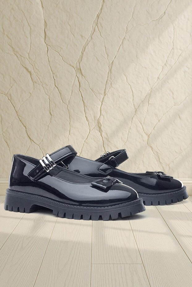 Black Patent Leather Thick Soled Velcro Girls' Ballerina School Shoes