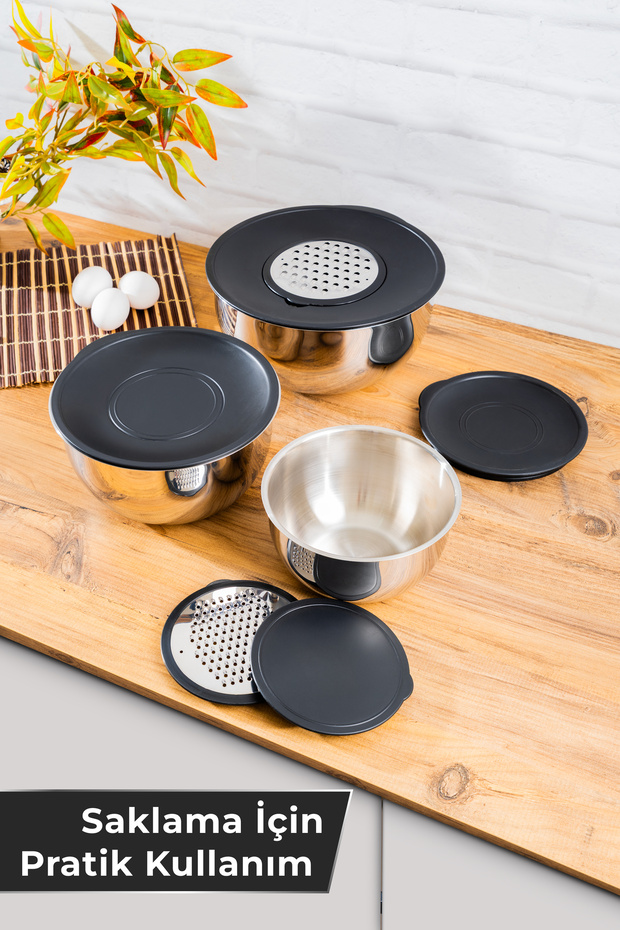 9-Piece Stainless Steel Mixing Bowl and Storage Container Set – with Grater Head, 16-20-24 cm