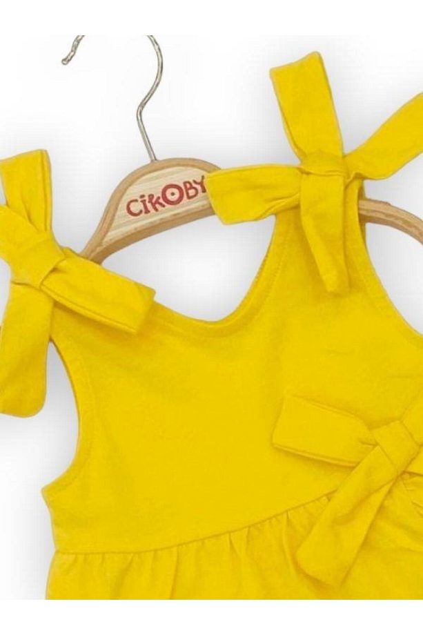 Kız Bebe Çocuk Pamuklu Askılı Anvelop Fırfırlı Sarı Elbise - 5