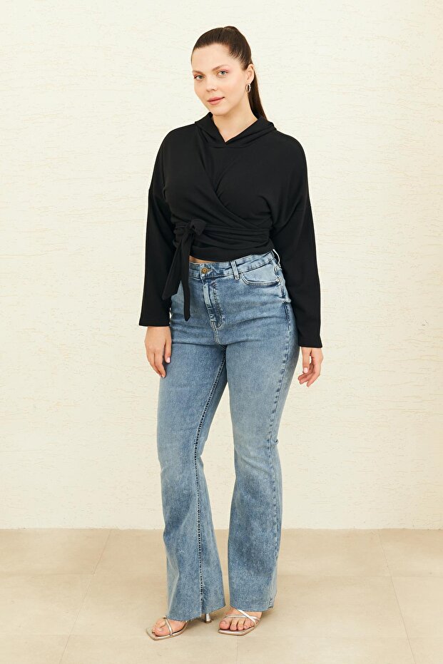 Siyah Önü Bağlamalı Sweatshırt - 5