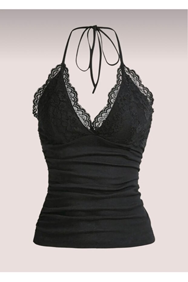 Siyah Düz Basic Dantelli Ek Askılı Crop - 1