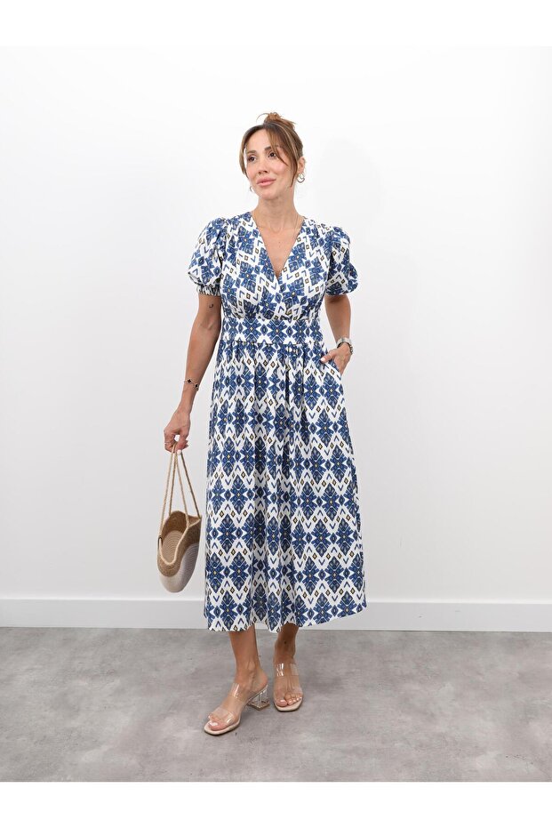 Women's Bohemian Pattern Balloon Sleeve Blue Dress