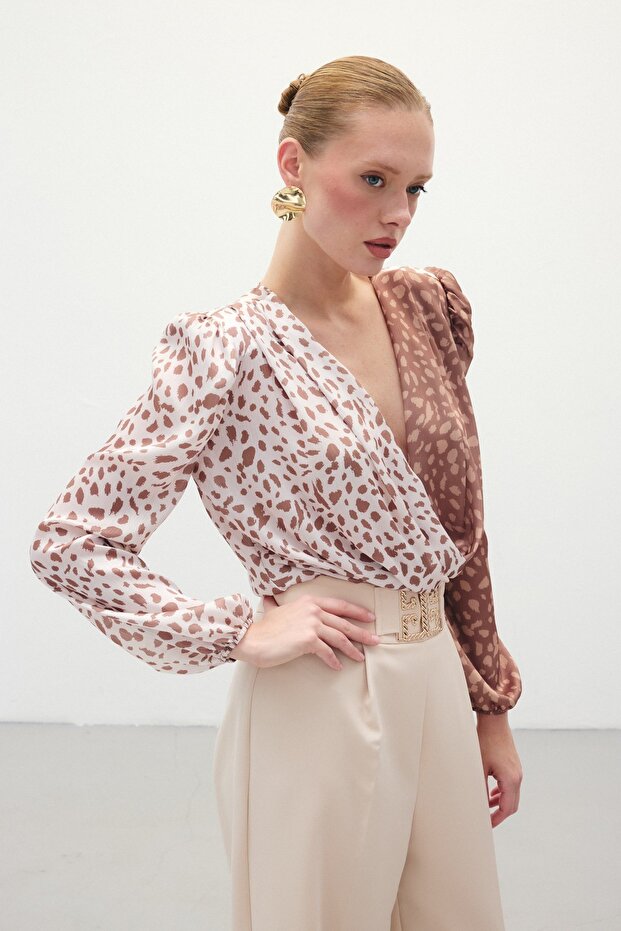 بدلة بودي سوت منقوشة بصف أزرار واحد - بني-بيج - 1