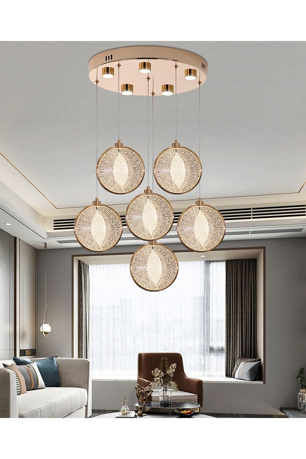 Edward 6'Lı 70 Watt Yuvarlak Gold Ledli Modern Salon Avize - 1