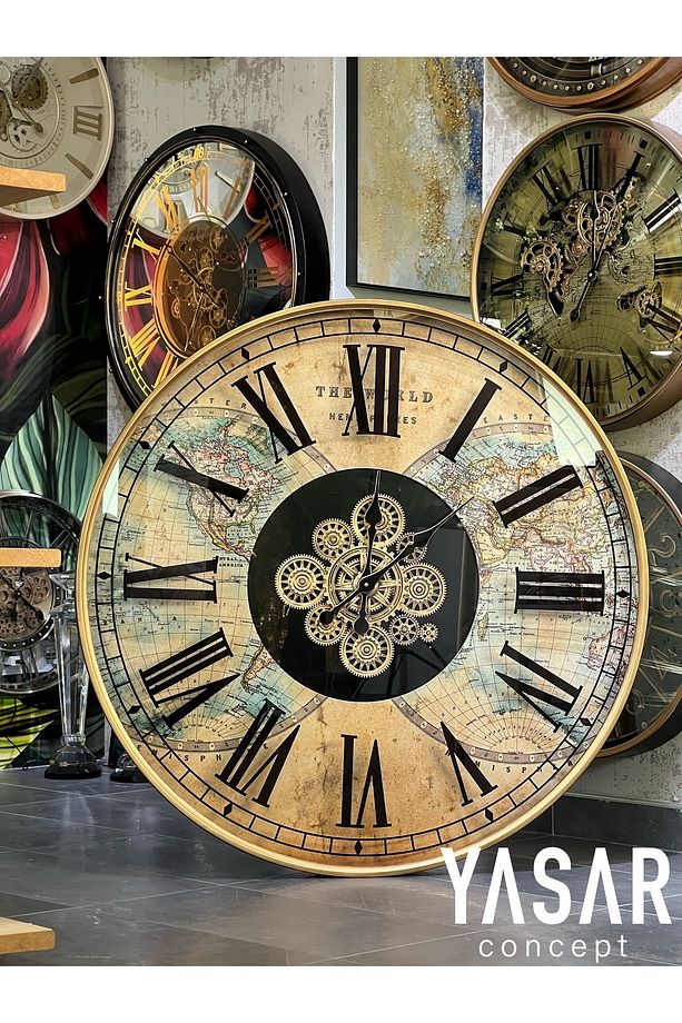 Gloworld Dünya Haritalı Metal Çarklı Duvar Saati 100 Cm, Büyük Boy Saat - 1