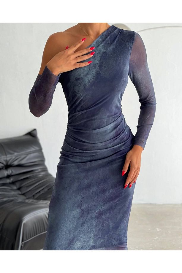 TEK OMUZ DRAPE TÜL ELBİSE - 2