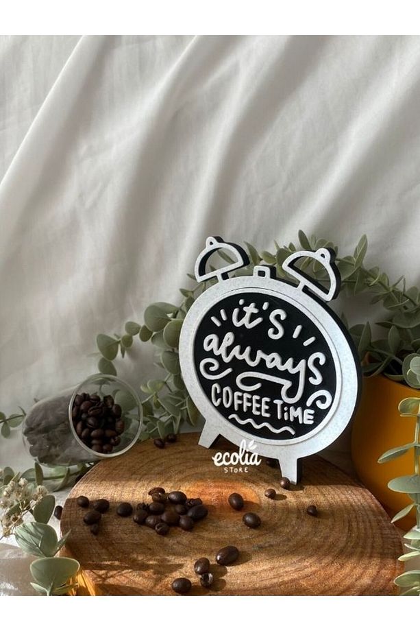 Retro Saat Şeklinde Kahve Köşesi Duvar Süsü - It's Always Coffee Time Yazılı Modern Ev Dekorasyonu - 5