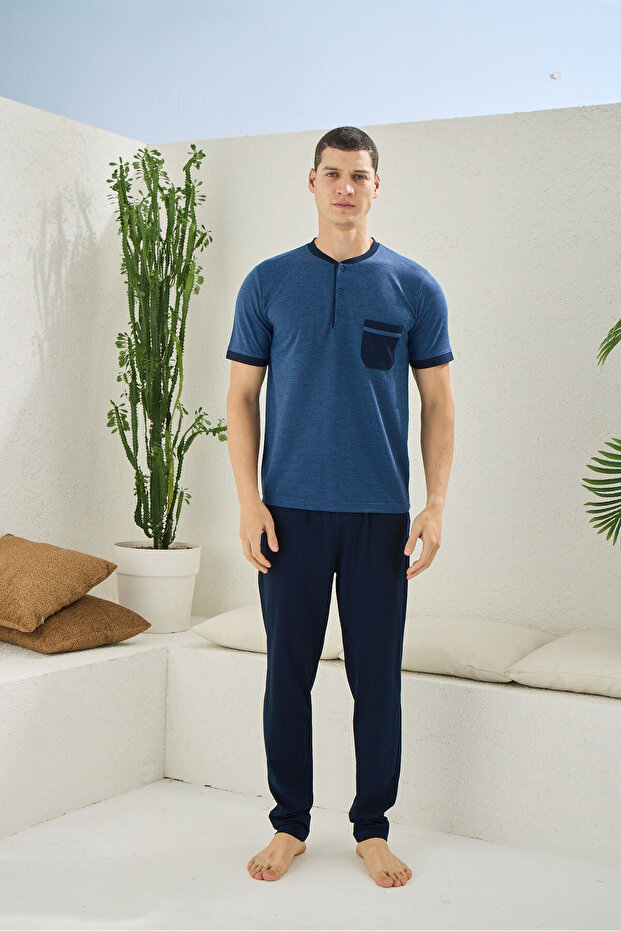 MEN'S V-NECK BUTTONED PAJAMAS SET - 1