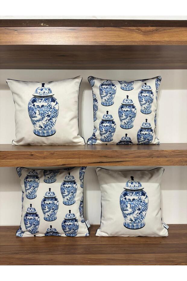 4Lü-E433-E433A White Background Double Sided Patterned Throw Pillow Cover with Piping on the Edges