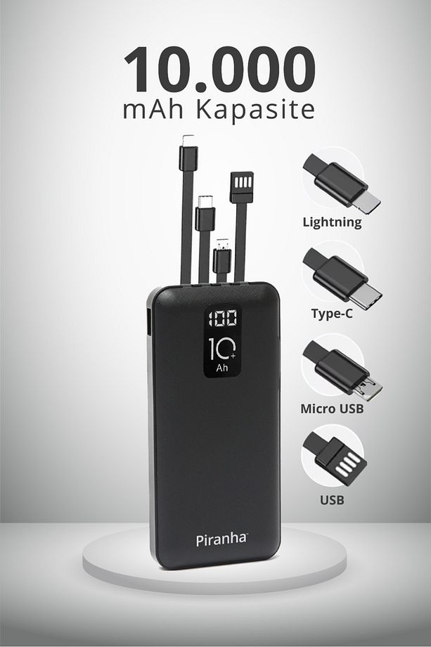 9030 LCD Göstergeli 10.000mAh Powerbank Hızlı Şarj / Type-C-USB-iOS Lightning-Micro USB Çoklu Kablo - 2