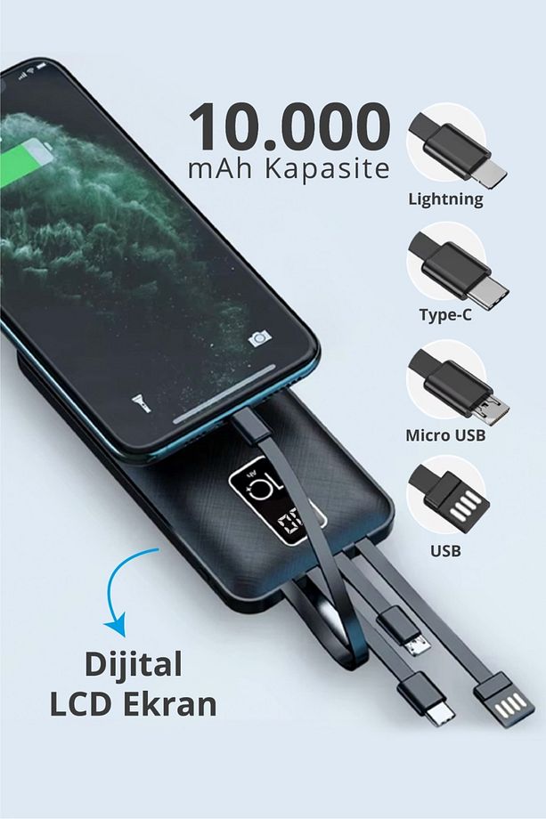 9030 LCD Göstergeli 10.000mAh Powerbank Hızlı Şarj / Type-C-USB-iOS Lightning-Micro USB Çoklu Kablo - 1