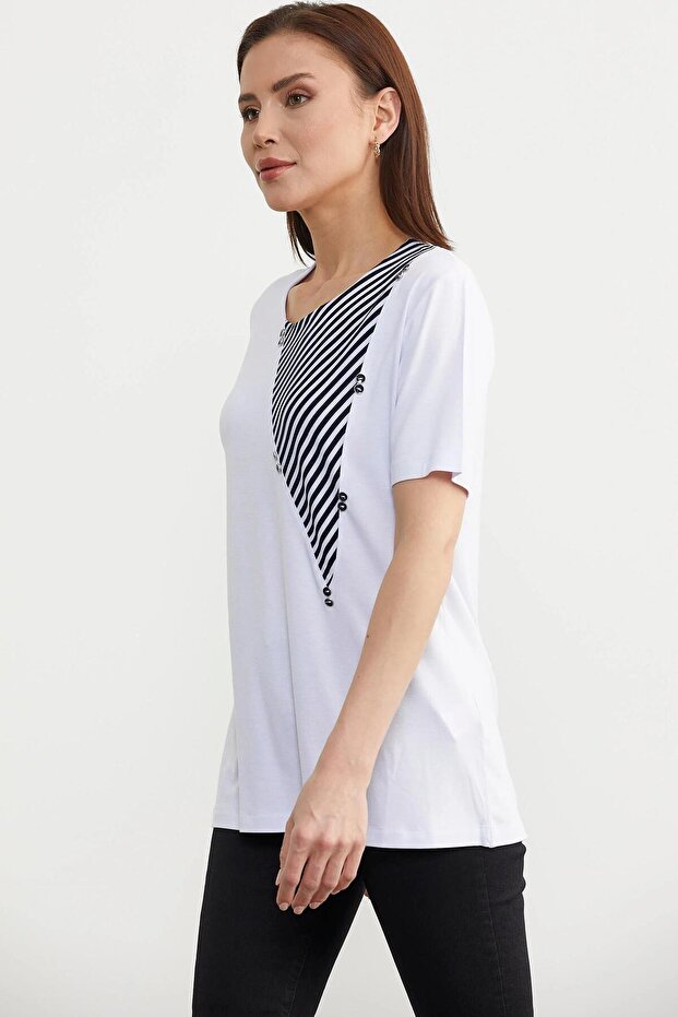 بلوزة مخططة بتصميم متدفق - أبيض - 1