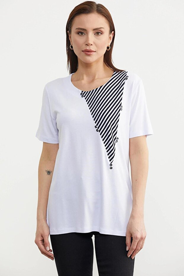 بلوزة مخططة بتصميم متدفق - أبيض - 2