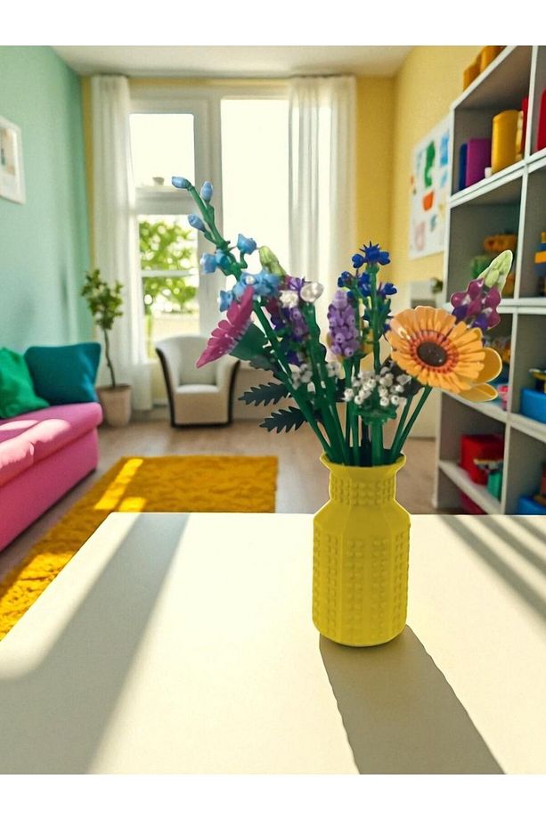 Blok Çiçek Buketi Uyumlu Dekoratif Sarı Vazo – 13 Cm, Modern Tasarım (ÇİÇEKLER DAHİL DEĞİLDİR) - 2
