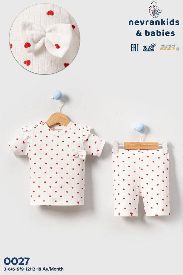 Heart Pattern Fırfır & Fiyonk Detay Kız Bebek Çocuk Yazlık Şort Takım - 8