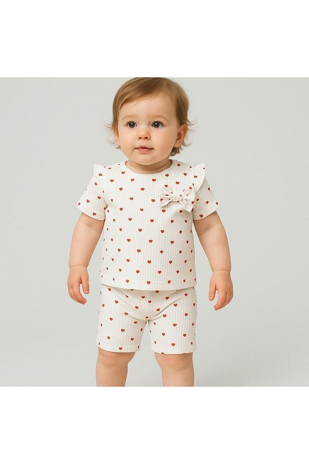 Heart Pattern Fırfır & Fiyonk Detay Kız Bebek Çocuk Yazlık Şort Takım - 1