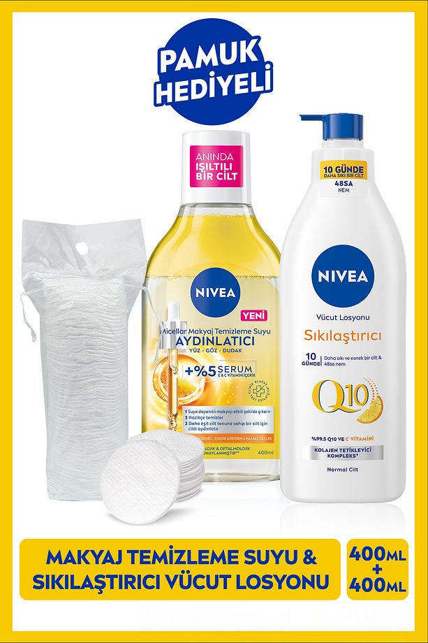 Aydınlatıcı Micellar Makyaj Temizleme Suyu 400ml Ve Q10 Sıkılaştırıcı Losyon 400ml, Pamuk Hediyeli - 1