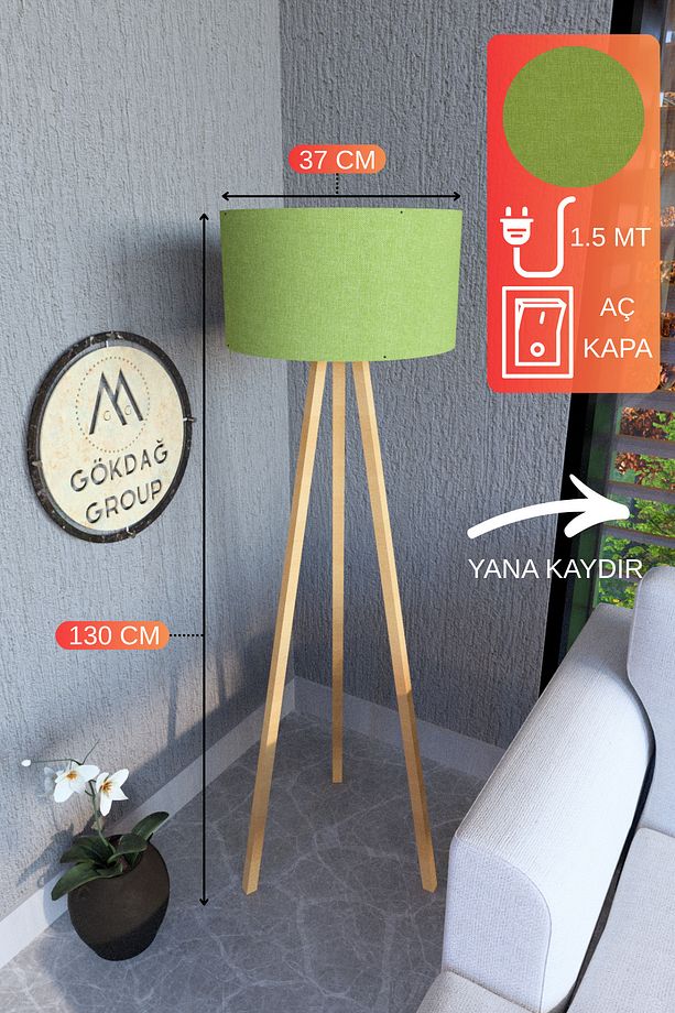 3 Ayaklı MEGA BOY Tripod Lambader Abajur Yeşil Kumaş Başlık - 1