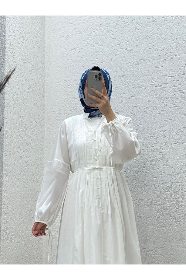 Orelita Önü Düğmeli ve Pileli Elbiseli Takım-BN4449 Ekru - 2