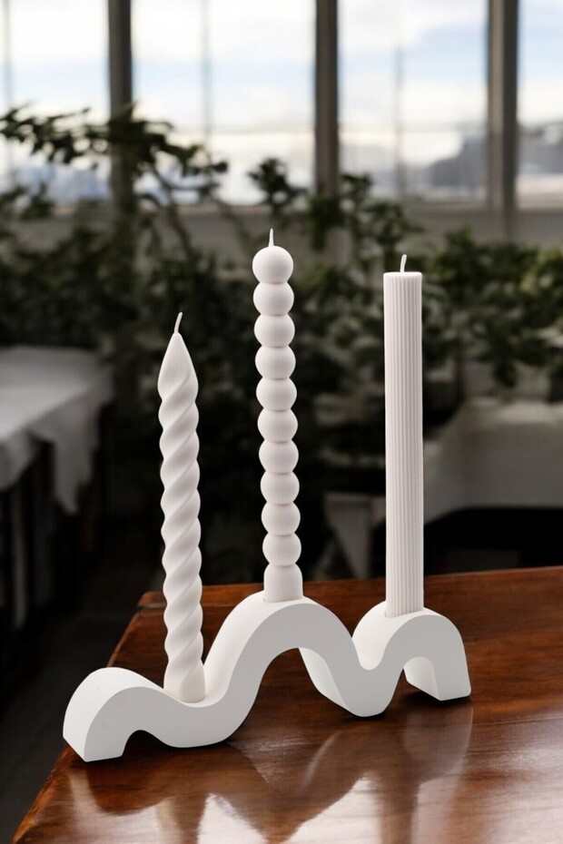 Modern Dalga Formlu 3’lü Şamdan – Beyaz - 5